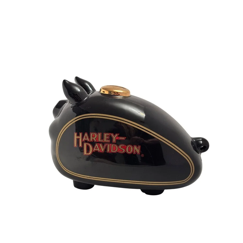 VTG Harley Davidson Piggy Bank Black Ceramic Motorcycle Gas Tank Style Coin Bank